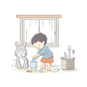 A child cleaning with a rabbit watching beside a window.