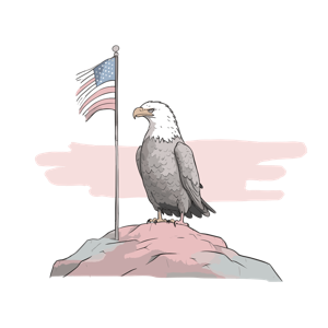 An illustration of a bald eagle and an American flag.