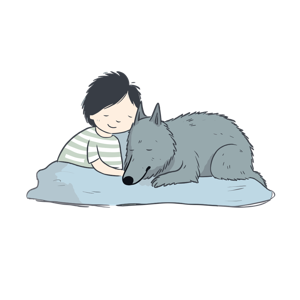 A child and a wolf cuddling.