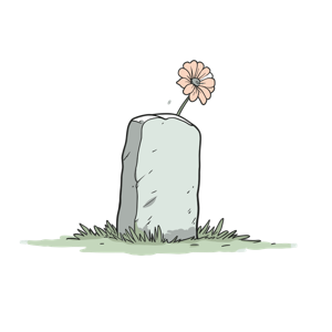A tombstone with a flower growing on top.