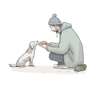 A man is offering food to a dog.