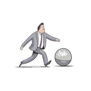 A man in a suit kicking a large golf ball.
