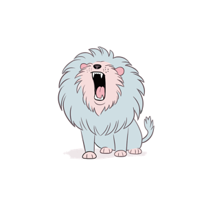 A cartoon lion with a blue fluffy mane is roaring or singing.