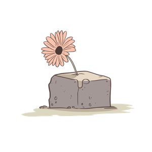 A pink daisy growing out of a concrete block.