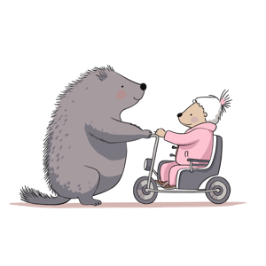 Two anthropomorphic animals, a hedgehog and a bear, are interacting with the bear sitting on a scooter and the hedgehog standing beside it.