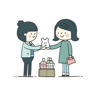 Two characters exchanging a small rabbit-like object with gifts on a stool.