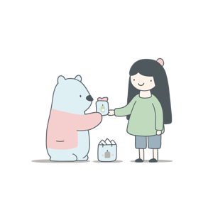 A girl and a bear sharing a drink.