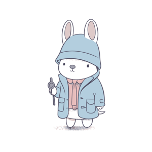 Illustration of a rabbit-like character dressed in a coat and hoodie, holding a stopwatch.