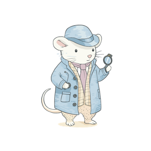 An anthropomorphic mouse dressed as a detective holding a magnifying glass