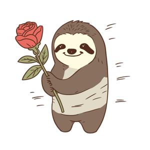 A smiling cartoon sloth holding a rose.