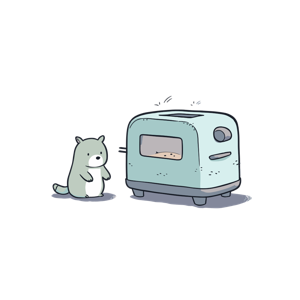 A cartoon character beside a toaster.