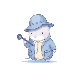 A cute anthropomorphic animal dressed as a detective with a magnifying glass.