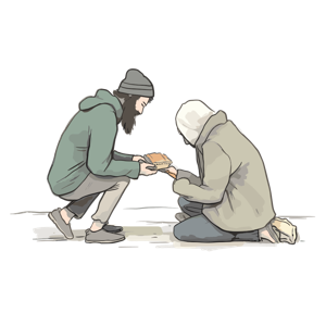 The image shows one person giving food to another person.