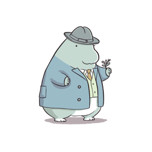 An anthropomorphized animal character dressed in sophisticated clothing and holding a small plant.