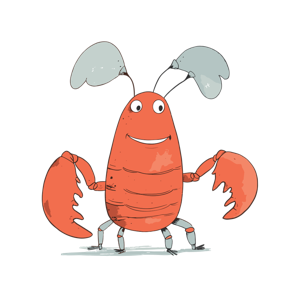 The image contains a whimsically drawn, smiling cartoon lobster standing upright.