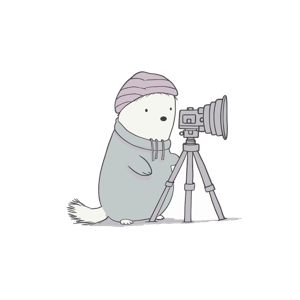 A cute anthropomorphized animal dressed in human clothes is using a camera on a tripod.