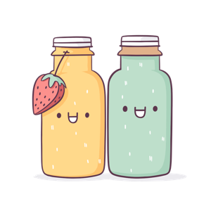 The image shows two anthropomorphic jars with happy faces, one with a cartoon strawberry and each filled with a different colored substance.