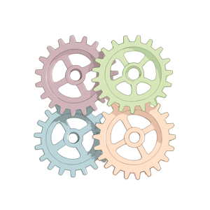 The image features pastel-colored interlocking gears.