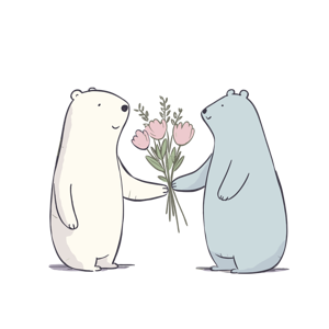 Two bears exchanging flowers