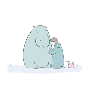 A child hugging a large, friendly creature with a small bird sitting nearby in a plain white background.