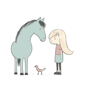 A girl, a horse, and a small bird in a whimsical illustration.