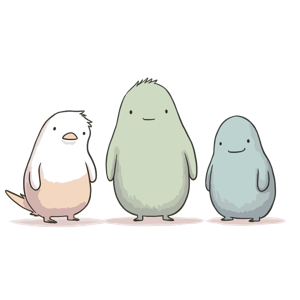 Three whimsical, cartoon creatures standing together.