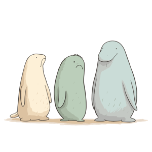 Three cartoon creatures with bird and mammal features in different colors and expressions.