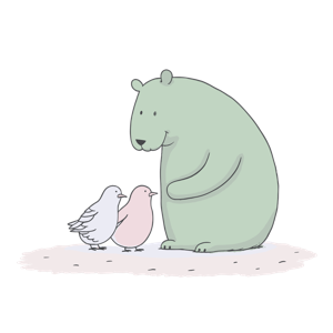 A bear and two birds in a cartoon-style illustration.