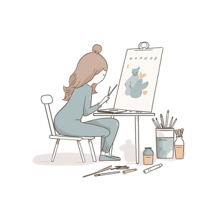 A young woman painting a cat on an easel.