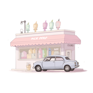 The image shows an illustrated whimsical ice cream or dessert shop with oversized decorations and a vintage car parked in front.