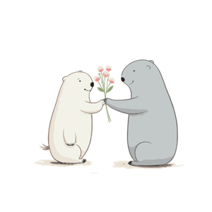 Two cartoon creatures sharing a bouquet of flowers.