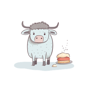 A stylized illustration of a young cow looking at a hamburger.