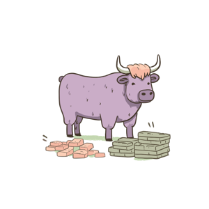 The image is of a stylized cartoon cow with money and bricks by its side.
