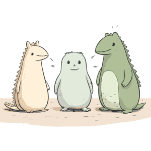 Three cartoon creatures resembling friendly, mythical versions of dinosaurs.