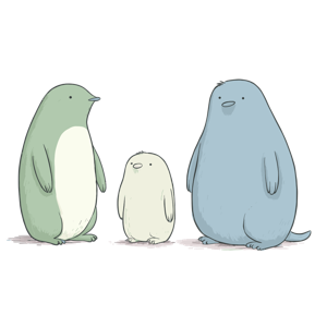Three colorful, cartoonish penguin-like creatures standing side by side.