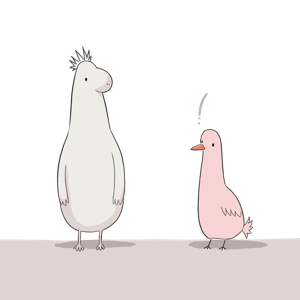 Two whimsical cartoon characters, a large white creature and a small pink bird, appear to interact with each other against a simple background.