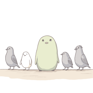 A row of cartoon birds with the central, larger one looking distinctively simple and green.