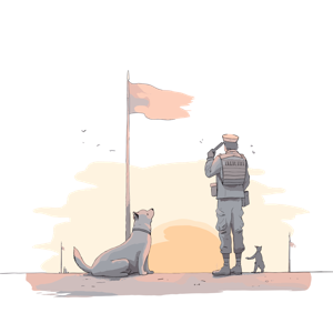 This image shows an astronaut with two dogs on a barren landscape, saluting at a flagpole.