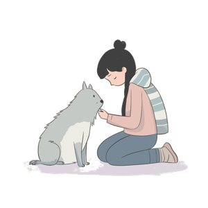 A woman is kneeling to give a treat to a white dog.