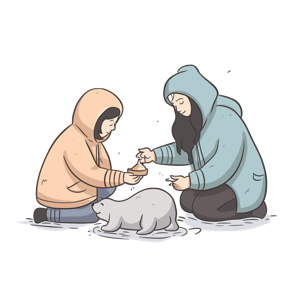 Two people in hoodies exchanging items in the snow with a polar bear cub.