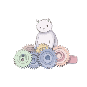 A white kitten sitting on colorful gears.