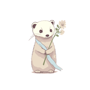Illustration of an anthropomorphized weasel with a scarf holding a flower.