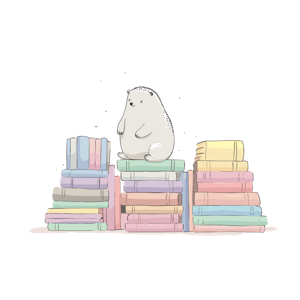 A cute illustrated hedgehog sitting on stacks of colorful pastel books.