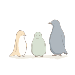 Three stylized cartoon penguins of varying sizes and colors standing together.