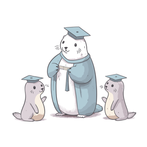 A group of cartoon seals in graduation attire celebrating an academic achievement.