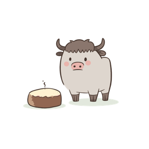 A cartoon cow looking at a cheesecake with a candle.