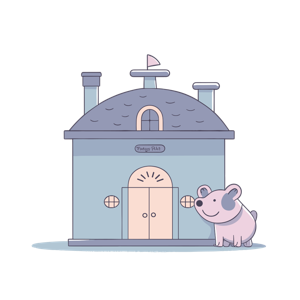 Illustration of a building named "Pottery Rat" with a pig standing beside it.