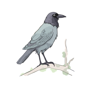 An illustration of a crow sitting on a branch.