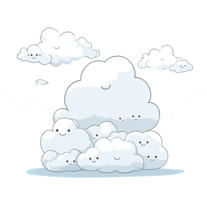 A cartoon image of smiling clouds with faces in a blue sky.