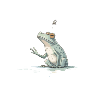 An illustrated frog looking at a flying insect.